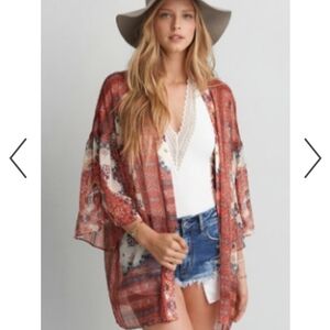 American Eagle Outfitters Orange and Blue Floral Kimono